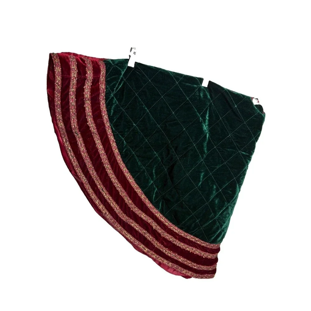 D&F Designs 36” Velvet Christmas Tree Skirt Green Burgundy Quilted Gold Trim